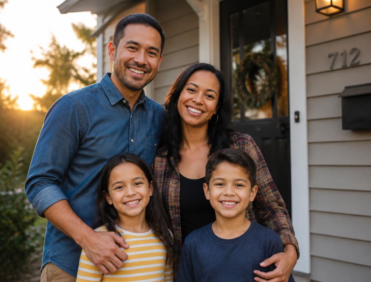 A family of four smiling together in front of their home