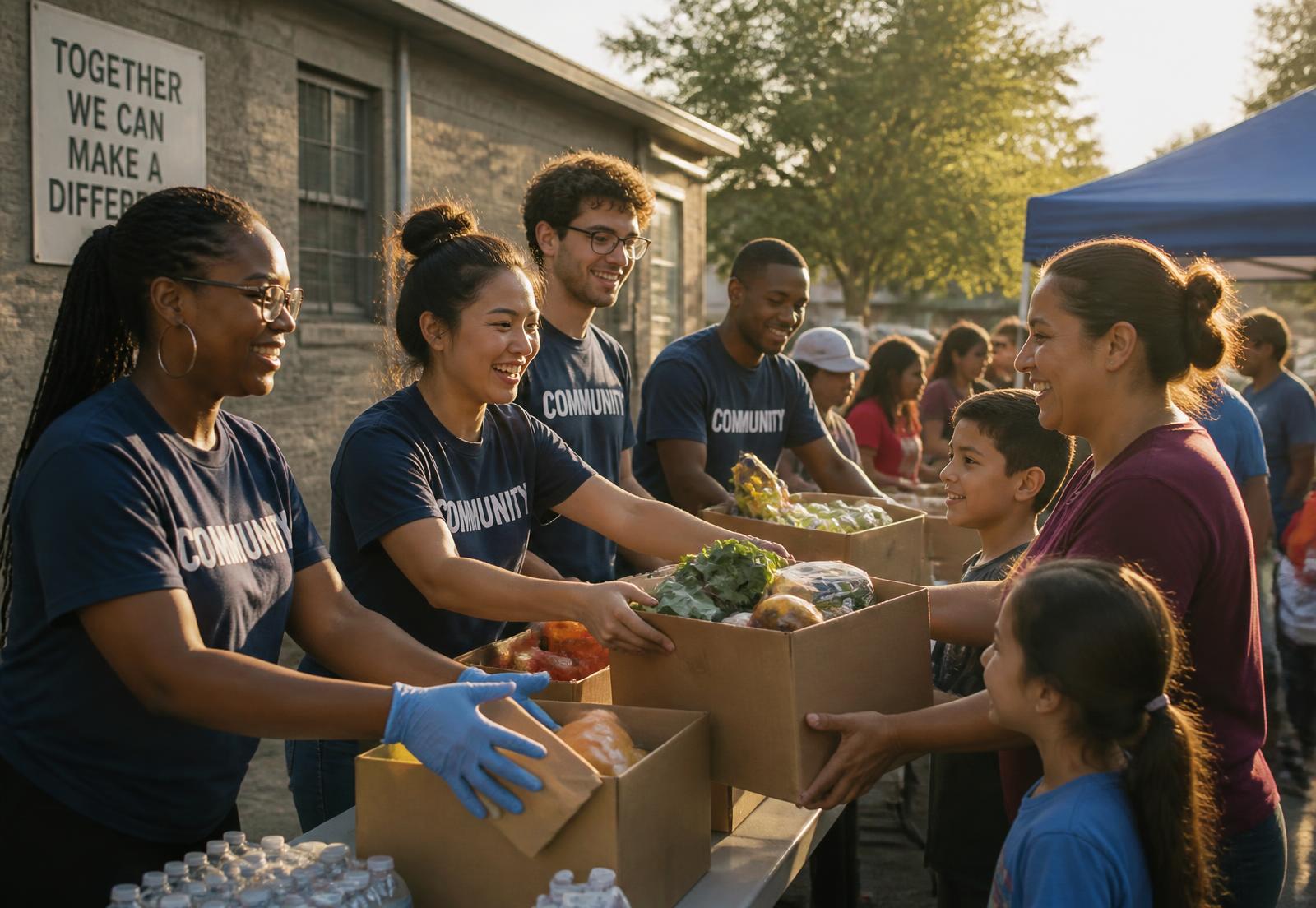 Volunteers handing a box of groceries to a smiling family at a food distribution