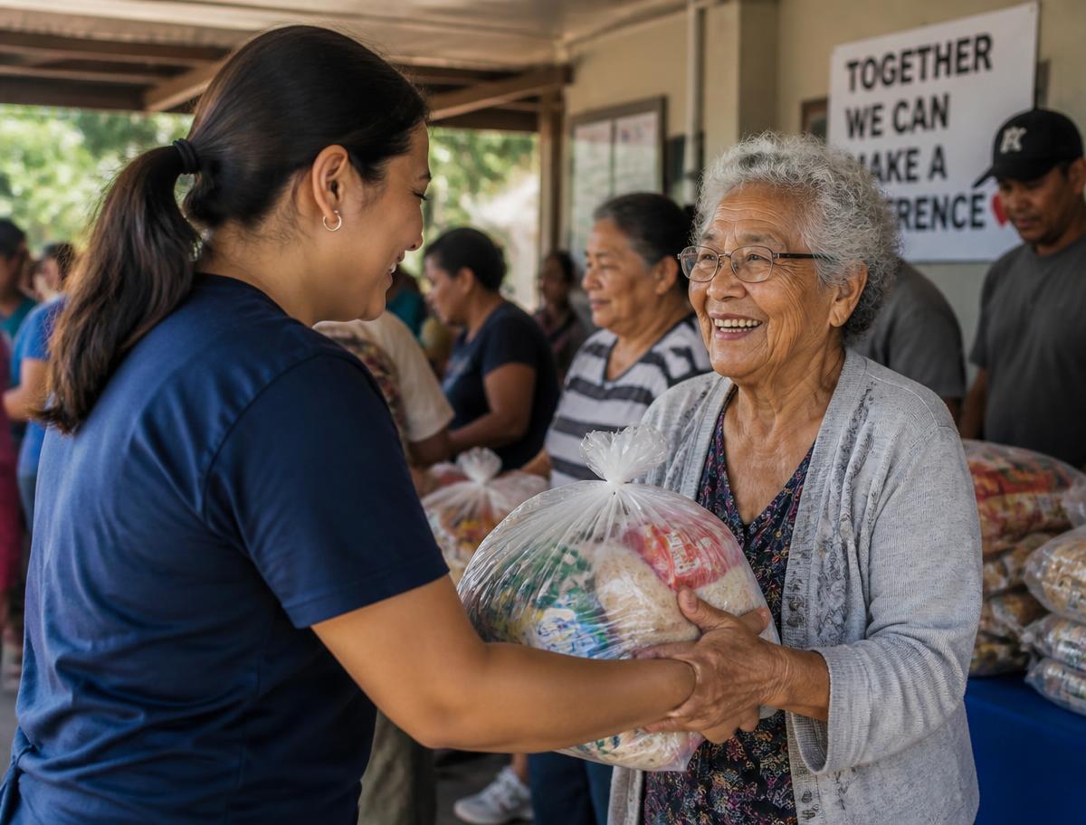 A volunteer handing supplies to a smiling senior woman